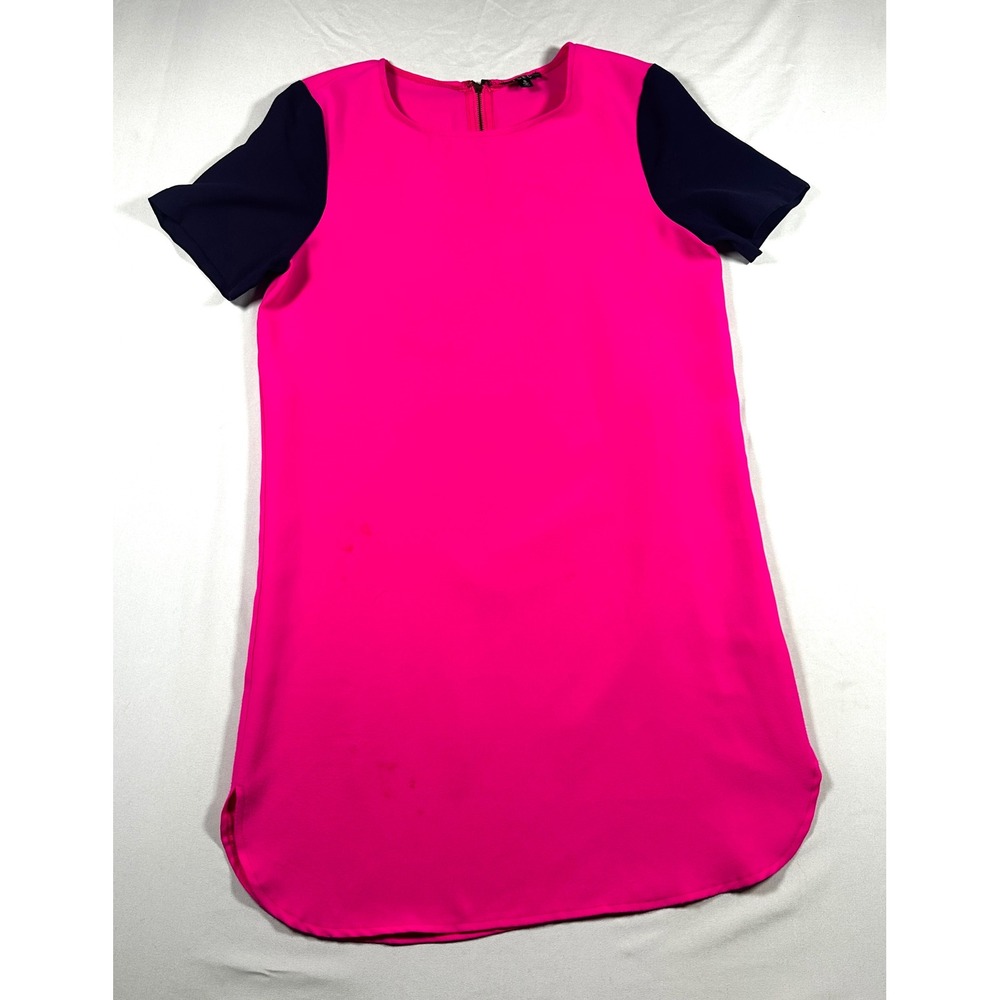 TCEC Neon Pink Navy Blue Colorblock Shift Dress Short Sleeve Back Zip Small